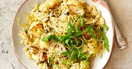 Charred cauliflower, lemon & caper orzo recipe