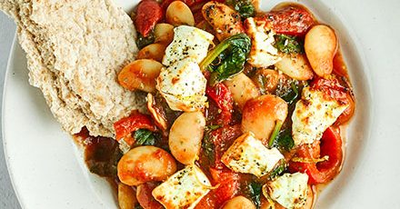 Crispy grilled feta with saucy butter beans recipe